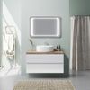 Mueble De Baño Suspendido Blanco Brillante Con Encimera De Roble De 100 Cm, Lavabo Sobre Encimera Y Espejo Led