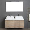 Mueble De Baño Suspendido De 4 Puertas En Roble Natural, Encimera Blanca, 2 Lavabos Decorativos Y Espejo Con Lámpara | Valentina