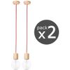 Pack 2x Pendel De Madera 1xe27 1,2m De Cable Textil Rojo