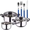 Set De Cocina 5 Pzs + Cubiertos 24pc En Acero Inoxidable Con Mangos Azules. ¡completo!