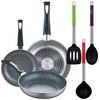 Set 3pc Sartenes Aluminio Prensado Negras + Set 3pc Utensilios Cocina Nylon.