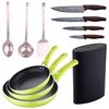 Set 3 Sartenes Aluminio Verde + 3 Utensilios Inox + 4 Cuchillos Inox + Tacoma