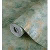 Papel Pintado Vinílico Efecto Estuco Verde En Relieve Con Vetas Metalizadas Doradas - Neptune Stone Texture 676356 De Gaulan - Rollo De 10 M X 1,06 M