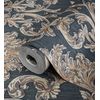 Papel Pintado Vinílico Damasco Clásico Azul Efecto Textura De Tela Tejida En Relieve - Bizans Damask 676879 De Gaulan - Rollo De 10 M X 1,06 M