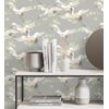 Papel Pintado Lavable De Pájaros Garzas Reales Estilo Oriental Fondo Gris - Mandarin Birds 681331 De Gaulan - Rollo De 10 M X 0,53 M