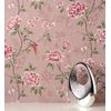 Papel Pintado De Pájaros Y Flores Fondo Texturizado Efecto Fibra Vegetal Rosa - Nora Garden 681990 De Gaulan - Rollo De 10 M X 0,52 M