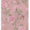 Papel Pintado De Pájaros Y Flores Fondo Texturizado Efecto Fibra Vegetal Rosa - Nora Garden 681990 De Gaulan - Rollo De 10 M X 0,52 M