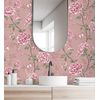 Papel Pintado De Pájaros Y Flores Fondo Texturizado Efecto Fibra Vegetal Rosa - Nora Garden 681990 De Gaulan - Rollo De 10 M X 0,52 M