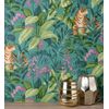 Papel Pintado Vinílico De Tigres Y Hojas Tropicales Color Turquesa Con Textura En Relieve - Machli 681996 De Gaulan - Rollo De 10 M X 0,52 M