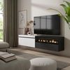 Mueble Tv | Televisión | Muebles De Salón, Almacenaje | 200x45x35cm | Para Tv Hasta 80" | Chimenea Eléctrica | Colgado, Suspendido | Estilo Moderno | Blanco Y Negro