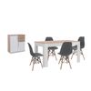 Pack Mesa De Comedor Extensible Blanco Y Cambria + 4 Sillas Gris + Aparador Joana 2 Puertas Blanco Y Cambria