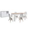 Pack Mesa De Comedor Extensible Blanco Y Cambria + 4 Sillas Blanco + Aparador Joana 3 Puertas Blanco Y Cemento