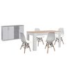 Pack Mesa De Comedor Extensible Blanco Y Cambria + 4 Sillas Blanco + Aparador Joana 3 Puertas Y 4 Cajones Blanco Y Cemento