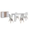 Pack Mesa De Comedor Extensible Blanco + 4 Sillas Blanco + Aparador Joana 2 Puertas Y 4 Cajones Blanco Y Cambria