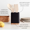 Porta Utensilios De Cocina Con Base De Bambú Square - Negro Mate