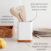 Porta Utensilios De Cocina Con Base De Bambú Square - Blanco Brillo