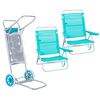 Pack 2 Sillas De Playa Asiento Bajo Reclinables 4 Posiciones Verde Aguamarina De Aluminio Y Textileno Y 1 Carro Portasillas Nuevo Y Mejorado