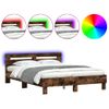 Cama Matrimonial | Cama Para Adultos | Estructura De Cama Cabecero Y Luces Led Roble Ahumado 140x190cm Cfw910315