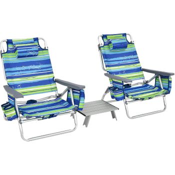 2 Sillas Playa Plegable Y 1 Mesa De Camping Enrollable, Costway 59 X 66 X 83 Cm Azul