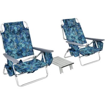 2 Sillas Playa Plegable Y 1 Mesa De Camping Enrollable, Costway 59 X 66 X 83 Cm Azul