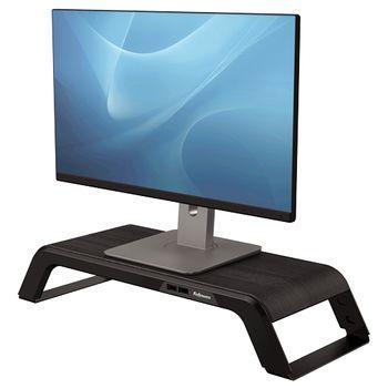 Hana Soporte Para Monitor - Ajustable En 3 Alturas - 4 Puertos Usb - Base De Aluminio Y Acabado En Madera - Hasta 22kg - Color Negro Fellowes