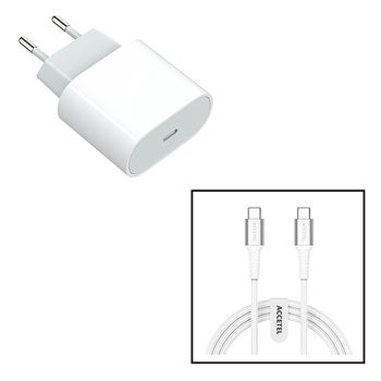 Kit Base Type C Carga Rápida 20w + Cable 100w 5a 100cm Accetel Usb-c - Usb-c Accetel Compatible Con Movil Apple Iphone 15 - Blanco