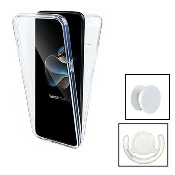 Kit Funda De Protección Delantera Y Trasera 360° + 1 Handholder + 1 Soporte Blanco Gift4me Compatible Con Movil Apple Iphone 15 - Transparente / Blanco