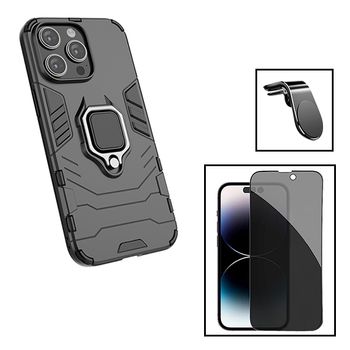 Kit Funda Magnética De Protección Militar + Cristal Gorilasglass Antiespía + Soporte Magnetico L Gift4me Compatible Con Movil Apple Iphone 15 - Negro