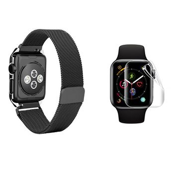 Kit Bracelete Milanese Loop Fecho Magnético + Película De Gel Full Cover Para Apple Watch Series 9 - 41mm - Preto