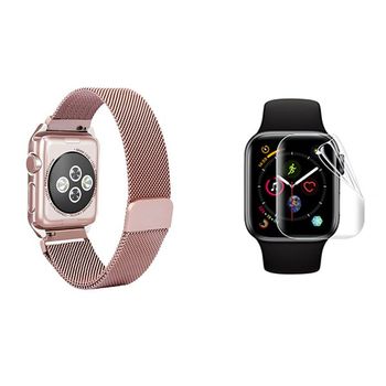 Kit Bracelete Milanese Loop Fecho Magnético + Película De Gel Full Cover Para Apple Watch Series 9 - 41mm - Rosa