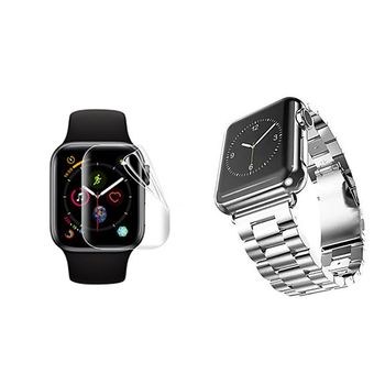 Kit Bracelete Aço Stainless Lux + Ferramenta + Película De Gel Full Cover Para Apple Watch Series 9 - 41mm - Cinza