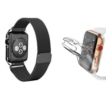 Kit Bracelete Milanese Loop Fecho Magnético + Capa 360° Impact Protection Para Apple Watch Series 9 - 41mm - Preto