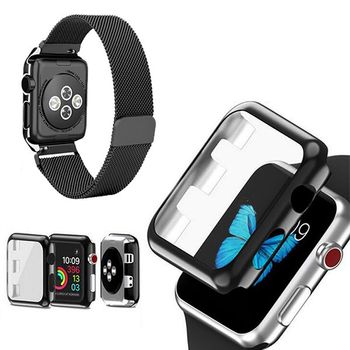 Kit Bracelete Milanese Loop Fecho Magnético + Capa Anti-impacto Para Apple Watch Series 9 - 41mm - Preto