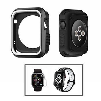 Kit Capa Military Doublecolor + Bracelete Sportystyle + Película De Hydrogel Para Apple Watch Series 9 - 41mm - Preto / Branco