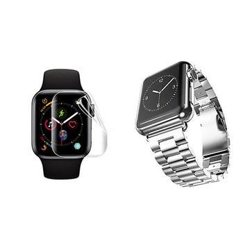 Kit Bracelete Aço Stainless Lux + Ferramenta + Película De Gel Full Cover Para Apple Watch Series 9 Aluminum - 41mm - Cinza
