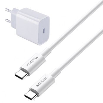 Kit Base Type C Carga Rápida 20w + Cable 100w 5a 100cm Accetel Usb-c - Usb-c Accetel Compatible Con Movil Apple Iphone 15 - Blanco