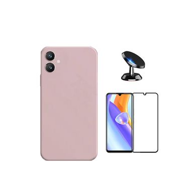 Kit Película De Vidro Temperado 5d Full Cover + Capa Silicone Líquido + Suporte Magnético De Carro Phonecare Para Samsung Galaxy A05 - Rosa