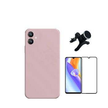 Kit Película De Vidro Temperado 5d Full Cover + Capa Silicone Líquido + Suporte Magnético De Carro Reforçado Phonecare Para Samsung Galaxy A05 - Rosa