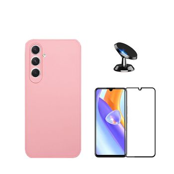 Kit Película De Vidro Temperado 5d Full Cover + Capa Silicone Líquido + Suporte Magnético De Carro Phonecare Para Samsung Galaxy A05s - Rosa