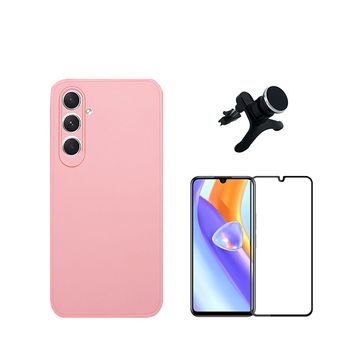 Kit Película De Vidro Temperado 5d Full Cover + Capa Silicone Líquido + Suporte Magnético De Carro Reforçado Phonecare Para Samsung Galaxy A05s - Rosa