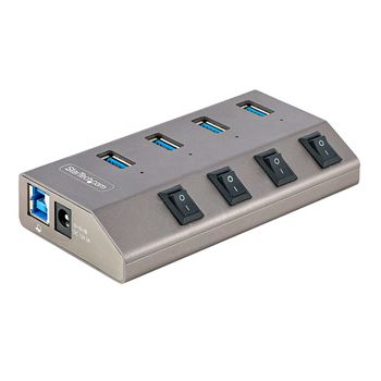 Startech.com Hub Usb-c Autoalimentado De 4 Puertos Con Interruptores Individuales - Concentrador Usb 3.0 A 5 Gbps Con Fuente De Alimentación - Ladrón Usb Tipo C A Usb-a - Bc 1.2