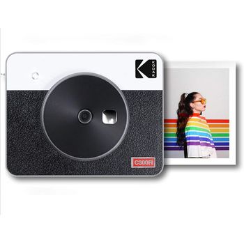 Kodak Mini Shot Combo 2 Retro C300 - Cámara De Fotos Instantánea (7,6 X 7,6 Cm - 3 X 3'', Pantalla Lcd De 1,7'', Bluetooth, Batería De Litio, Sublimación Térmica 4pass, 8 Fotos Incluidas) Blanco Y Negro