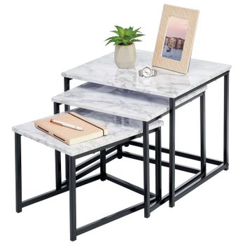 Mesa Apilable Nido Moderna De Metal Y Madera, Set De 3, Mármol/negro - Mdesign