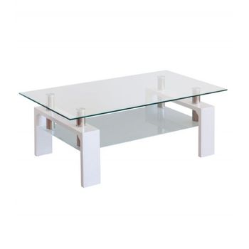 Mesa De Centro Kendra De Cristal Con Revistero Y Patas En Metal Y Madera De Color Blanco