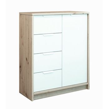 Cómoda Dormitorio Blanca 4 Cajones + 1 Puerta Canyon. Cajonera, Armario Multifunción 79 X 88,3 Cm Gran Capacidad De Almacenaje En Acabado Blanco Y Roble , Estilo Nordico