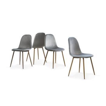 Pack De 4 Sillas Comedor, Salón Sweden En Terciopelo Gris Claro  Patas Color Madera