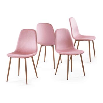 Pack 4 Sillas Comedor Terciopelo Liv, Sillas De Estilo Nórdico Velvet Con Patas Metálicas Color Rosa Pata Roble