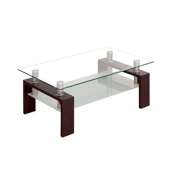 Mesa De Centro Kendra De Cristal Con Revistero Y Patas En Metal Y Madera De Color Wengue