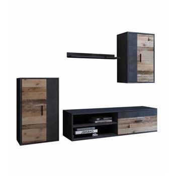 Mueble Salón Modular Bosco Mueble Tv + 2 Vitrinas + Estante En Madera Canadian Y Gris Grafito