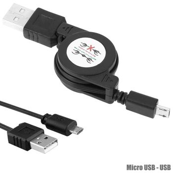 Cable De Datos Y Cargador Micro Usb Enrollable Retractil Negro Universal